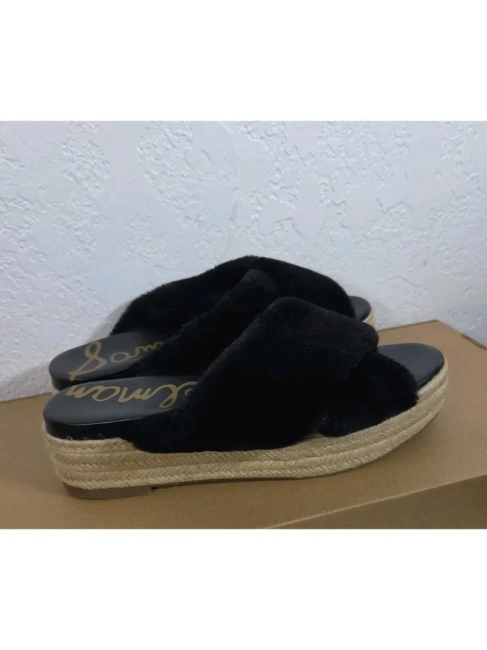 Sam Edelman Zia Black Faux Fur Platform Espadrille Sandals SIZE 9